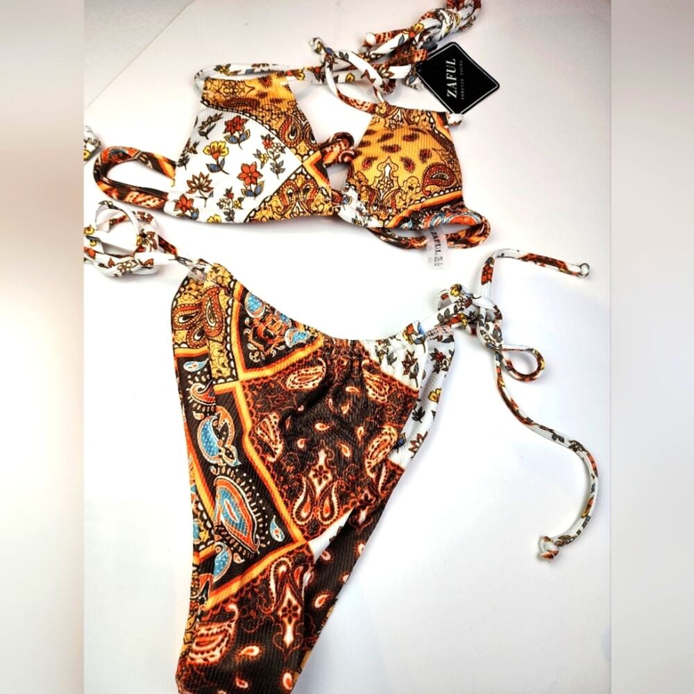 ZAFUL Women's‎ Paisley Print Bikini - Brown and White 044 High Cut M
